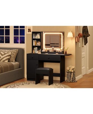 Black Vanity Desk with LED Lighted Mirror & Power Outlet, Makeup Vanity with Drawers & Cabinet & Chair