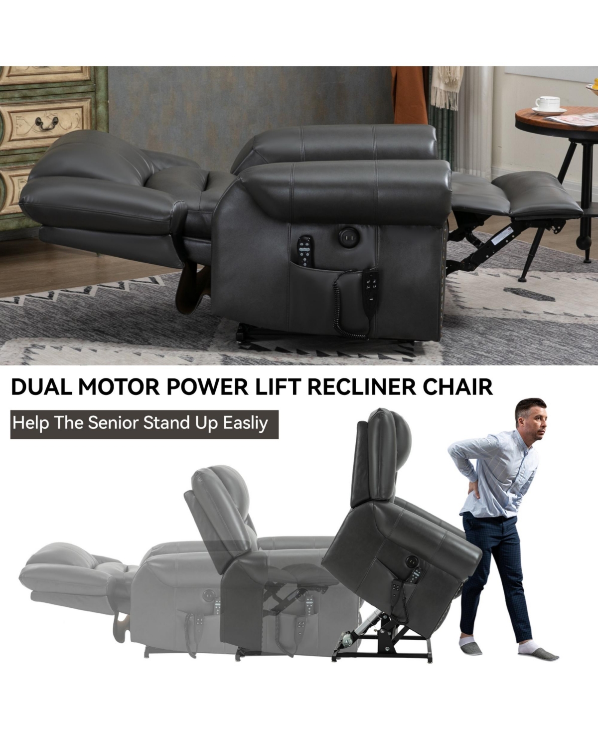 Boyel Living Power Lift Recliner Chair Heat Massage Dual Motor Infinite Position Up to 350 Lbs Faux Leather Heavy Duty Motion Mechanism with Usb Ports