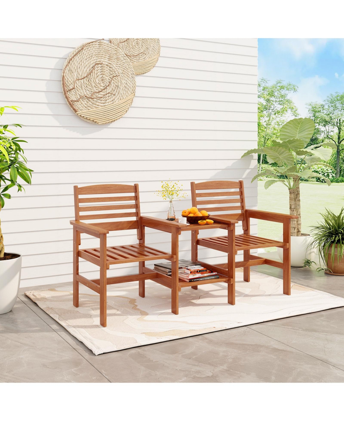 Gouun Outdoor Patio Wood 2-Seat Conversation Set with Table and Umbrella Hole