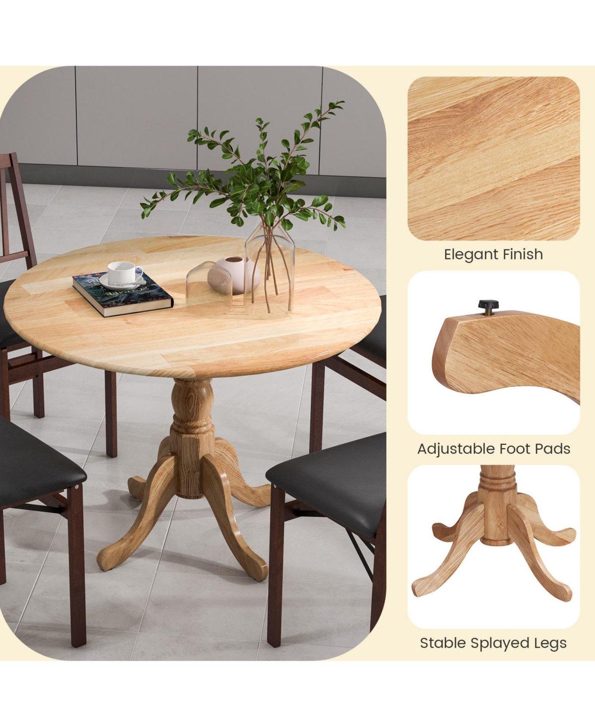 Gouun Wooden Dining Table with Round Tabletop and Curved Trestle Legs