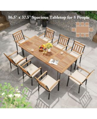 86.5 Inch Rectangular Patio Dining Table for 8 with Acacia Wood Tabletop and Umbrella Hole-86.5 inches