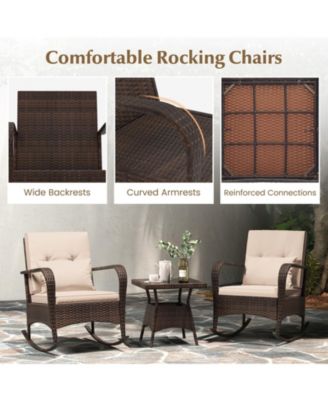 3 Piece Outdoor Rocking Set with Tempered Glass Table for Backyard Poolside