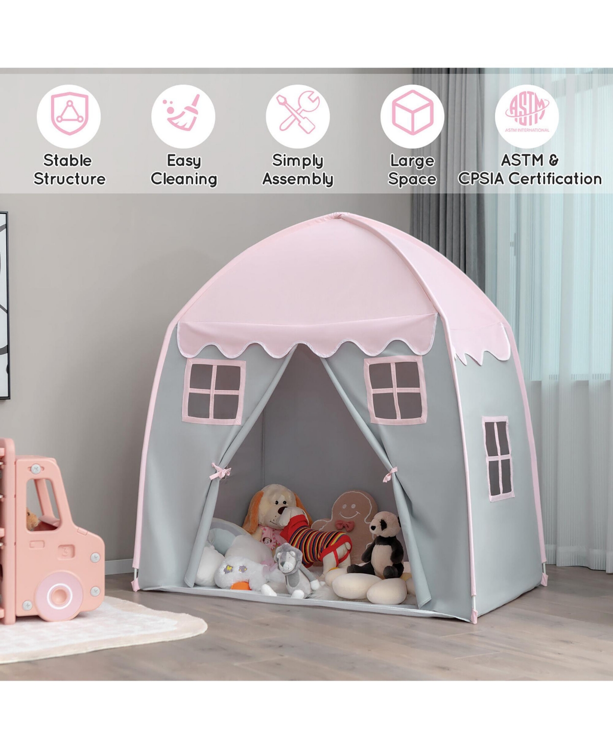 Gymax Kids Play Tent Girls Boys Princess Castle Portable Indoor Outdoor Playhouse - Pink+grey