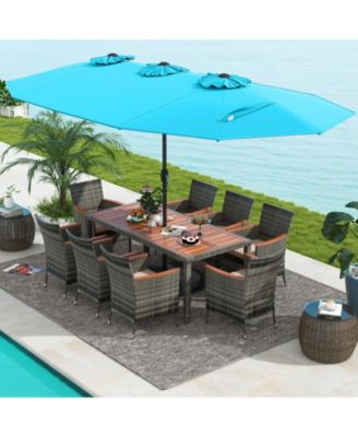 10 Pieces Patio Wicker Dining Set with 15 Feet Double-Sided Patio Umbrella