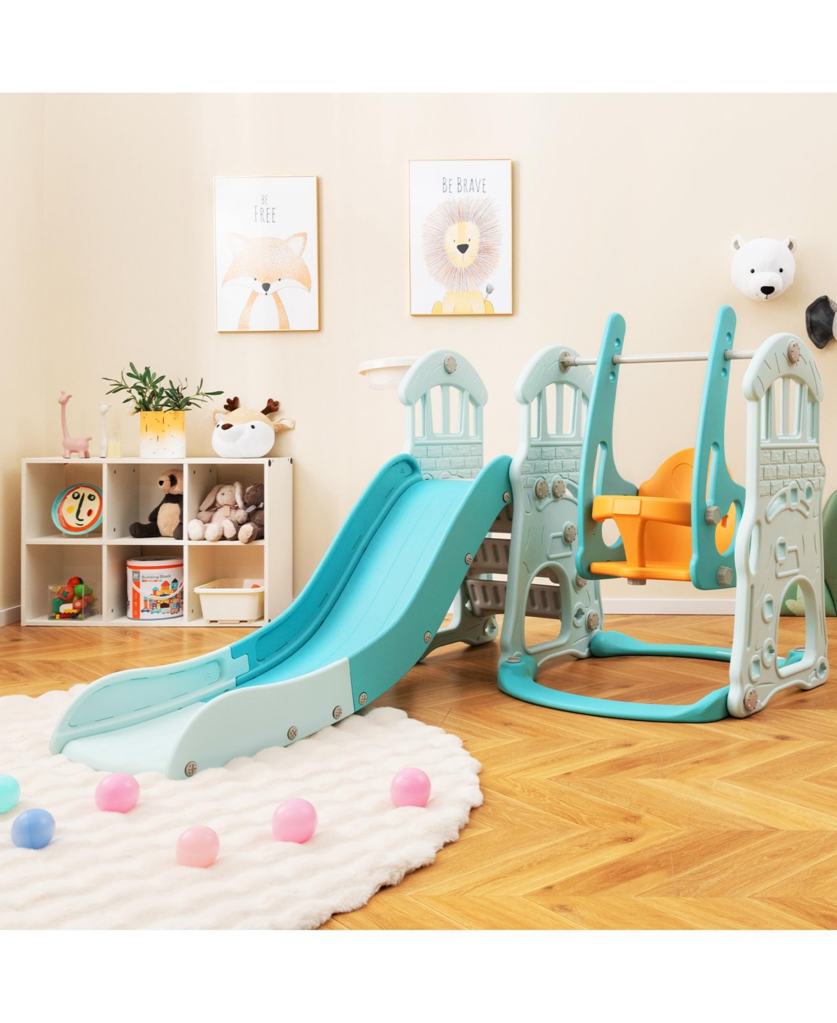 Gouun Toddler Slide and Swing Set with Extra-long Slide Height Adjustable Swing Basketball Hoop and Climber
