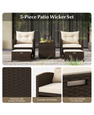 5 Pieces Patio Rattan Furniture with 2 Ottomans and Tempered Glass Table