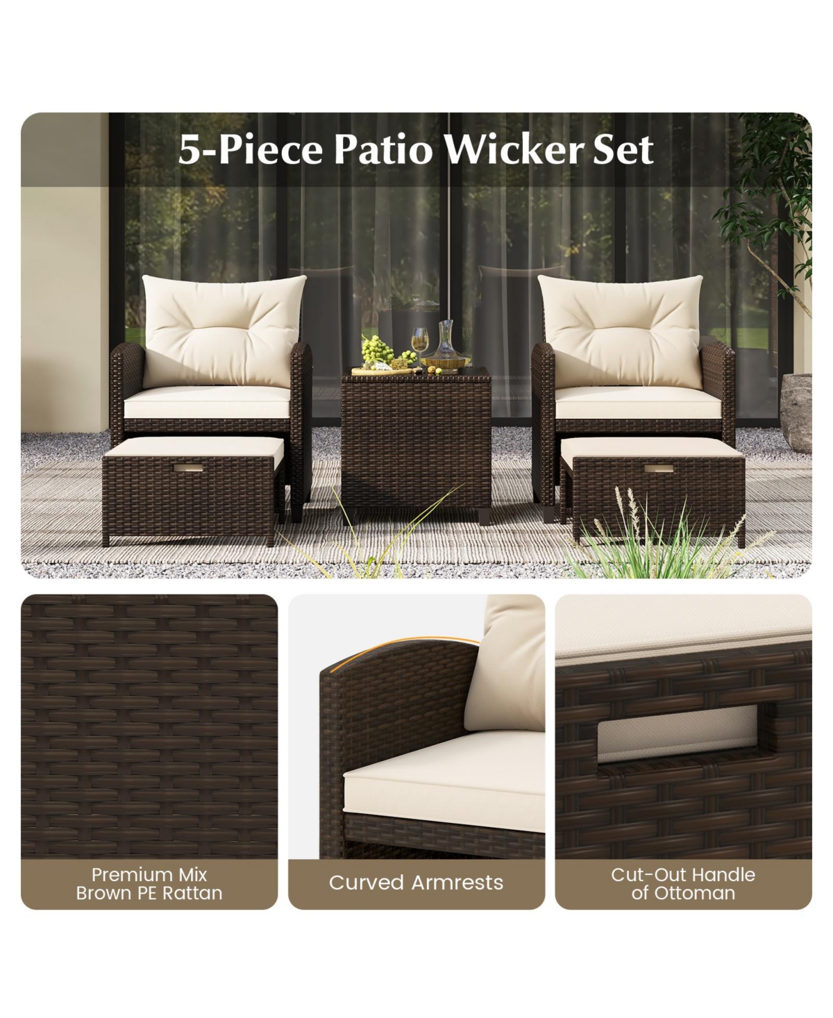 Gouun 5 Pieces Patio Rattan Furniture with 2 Ottomans and Tempered Glass Table