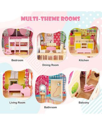 Kids Wooden Dollhouse Toddler DIY Pretend Playhouse w/ 15 Furniture Accessories