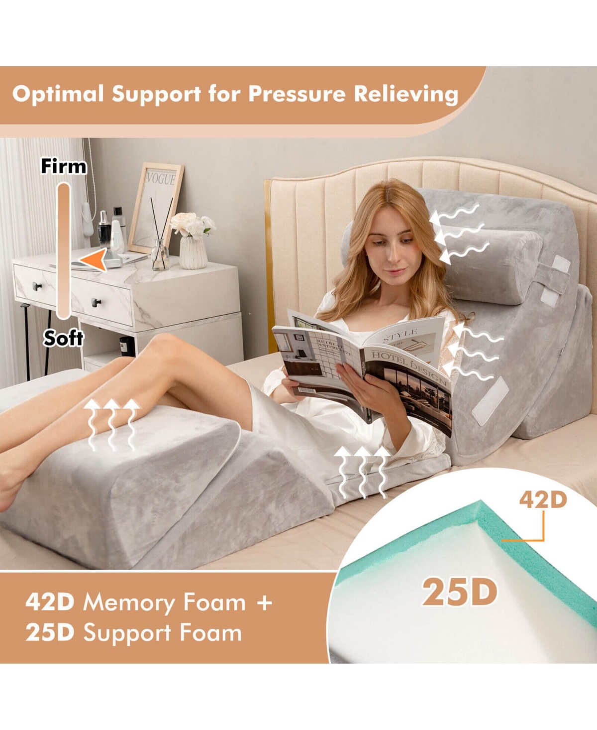 Gouun 6 Pieces Orthopedic Bed Wedge Pillow Set for Back Neck Leg