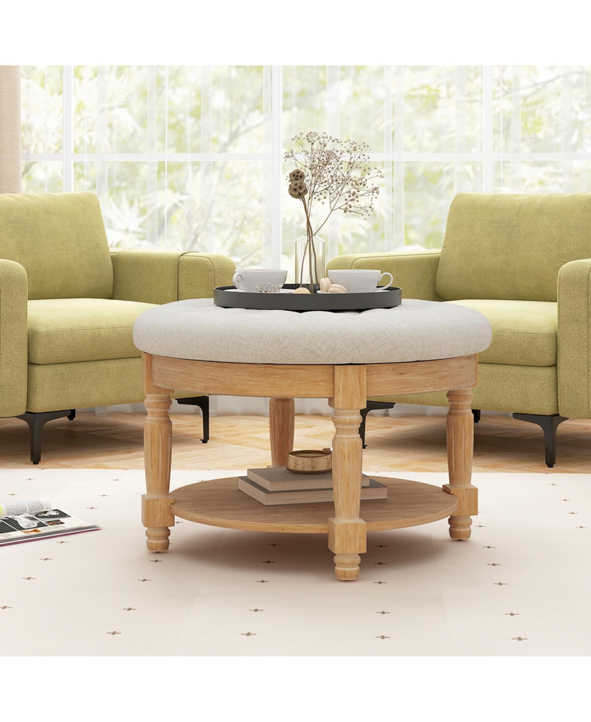 Gouun 29 Inch Round Ottoman Table 2-Tier Upholstered Tufted Footrest Ottoman with Flip-up Top -khaki