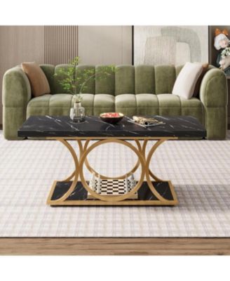 47.24" Modern Coffee Table 2-Tier Faux Marble Wood with Geometric Metal Legs, Stylish & Functional for Living Room Black Friday 2024 Deal