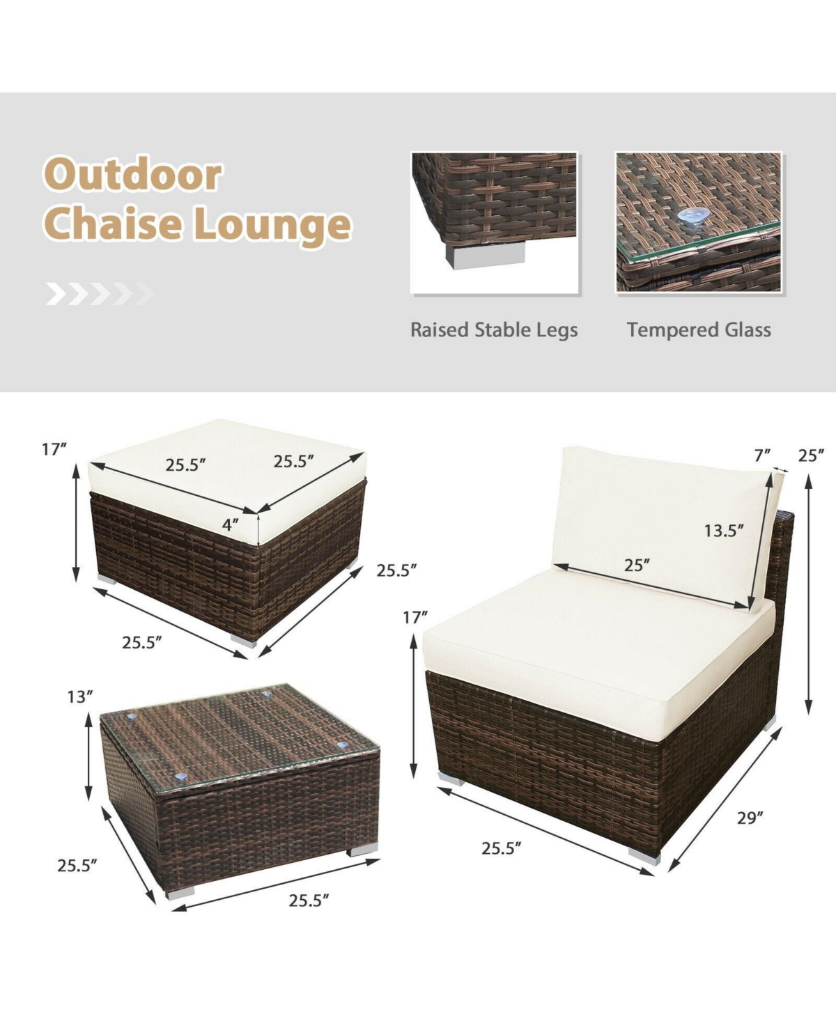 Gouun 5 Pieces Patio Rattan Furniture Set with Cushioned Armless Sofa