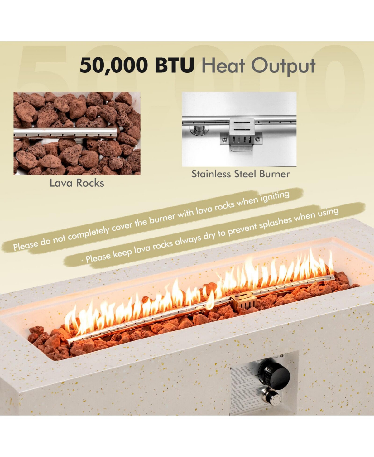 Gouun 50 000 Btu Rectangle Terrazzo Fire Pit Table with Pvc Cover