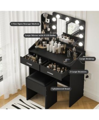 Vanity Desk with Mirror and Lights, Makeup Vanity with Power Outlet & Cushioned Stool