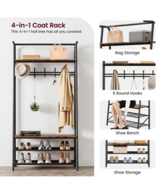 Coat Rack Shoe Bench, 4-in-1 Hall Trees Entryway Bench with Coat Rack and Shoe Rack, Wood Look Accent Furniture with Steel Frame Storage Shelf and Hanging Bar, Industrial