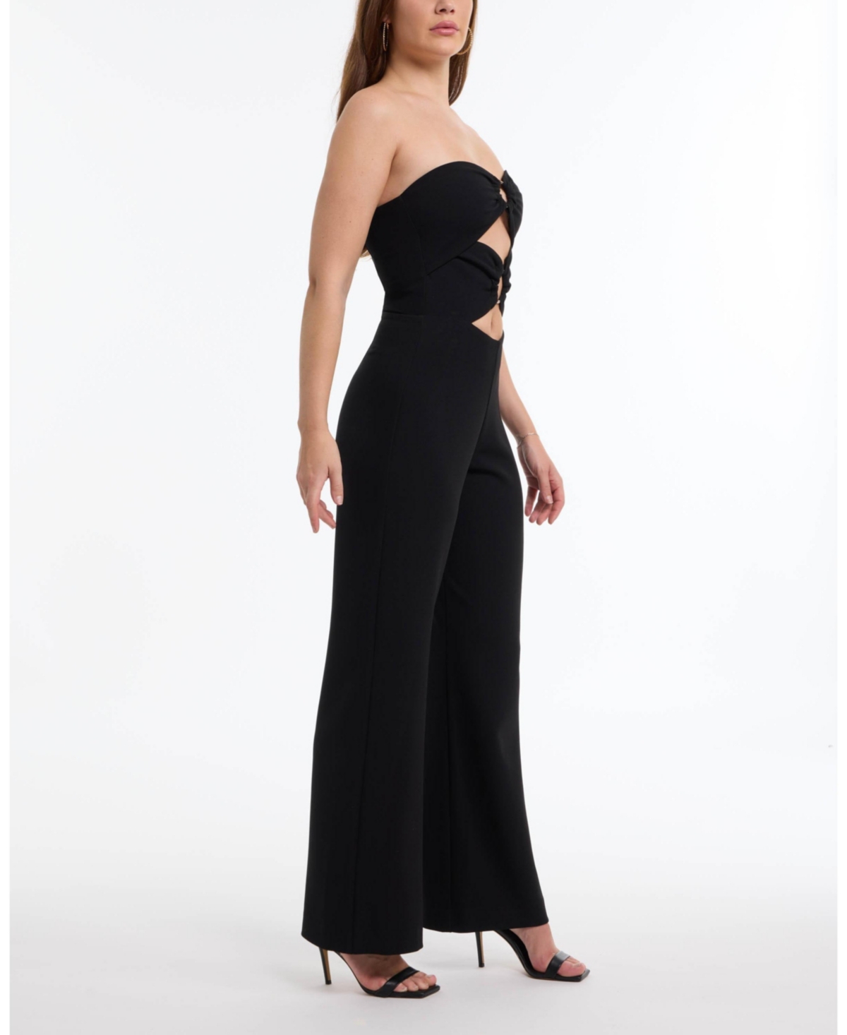 Bebe Women's Ring Detail Wide Leg Knit Crepe with Satin Combo Jumpsuit
