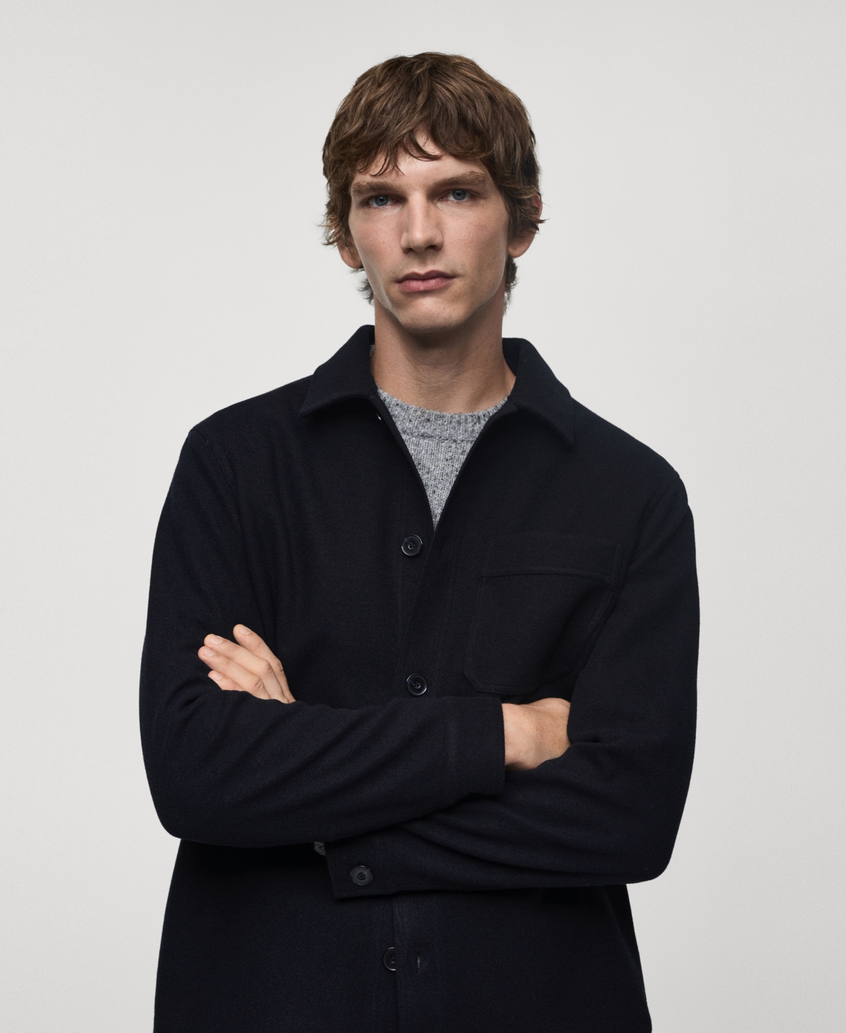 Mango Regular Fit Fleece Overshirt In Dark Navy