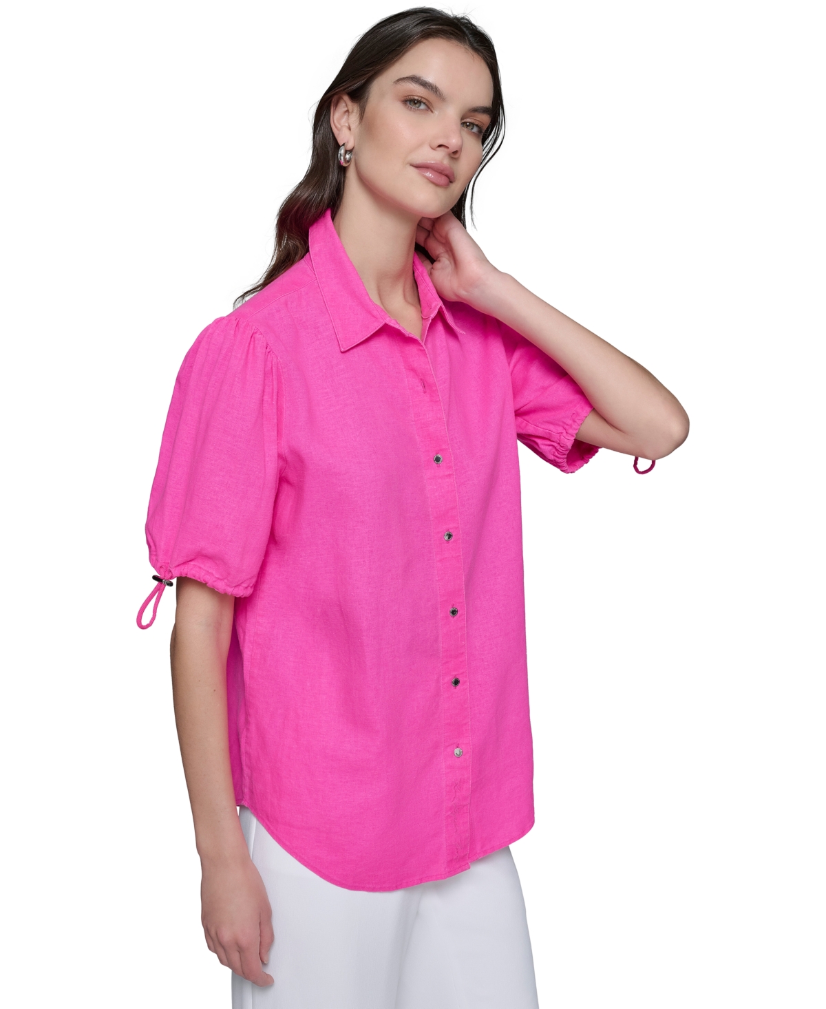 KARL LAGERFELD WOMEN'S LINEN-BLEND BUNGEE-SLEEVE BUTTON-FRONT TOP, REGULAR & PETITE 