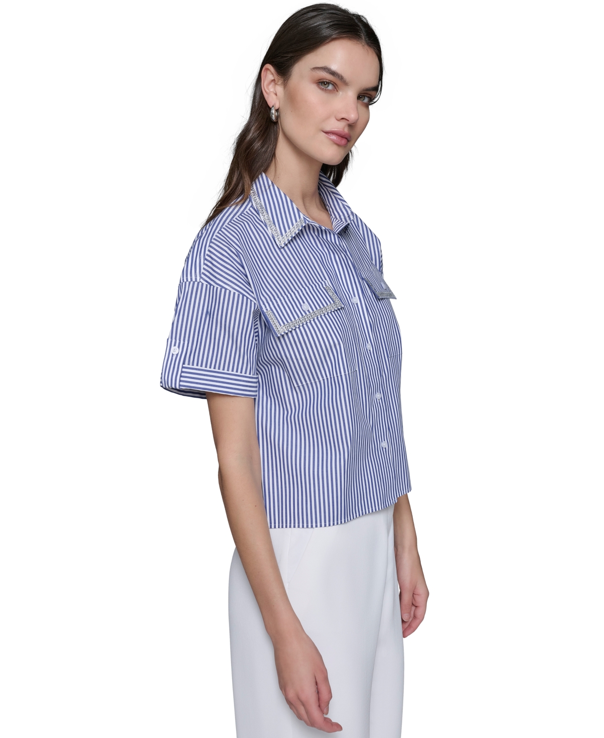 Karl Lagerfeld Paris Women's Embellished Poplin Striped Button-Front Top, Regular & Petite - Blue  White
