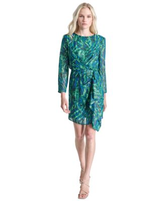 DKNY - Women's Printed Jewel-Neck Side-Drape Sheath Dress