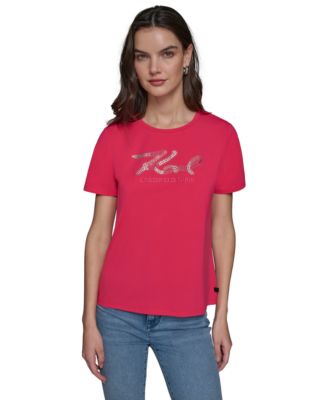 KARL LAGERFELD PARIS - Women's Script Karl-Embellished-Logo T-Shirt