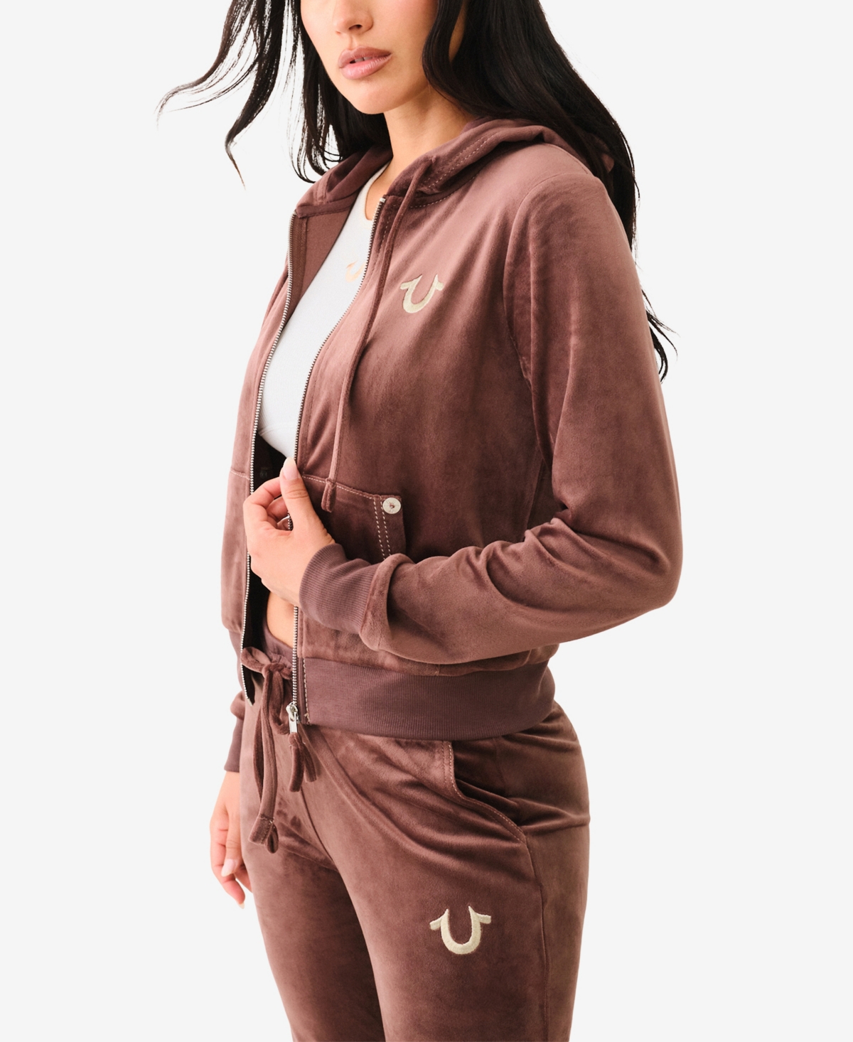 TRUE RELIGION WOMEN'S VELOUR ZIP HOODIE SWEATSHIRT 