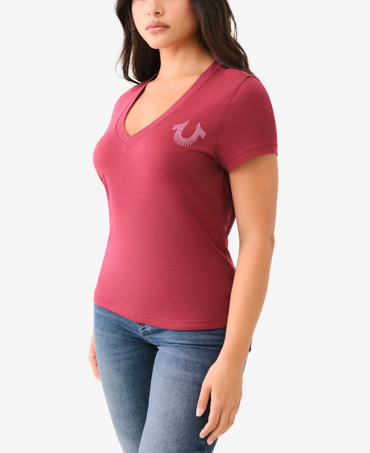 Shop True Religion Women's Crystal Horseshoe V Neck T-shirt In Cordovan