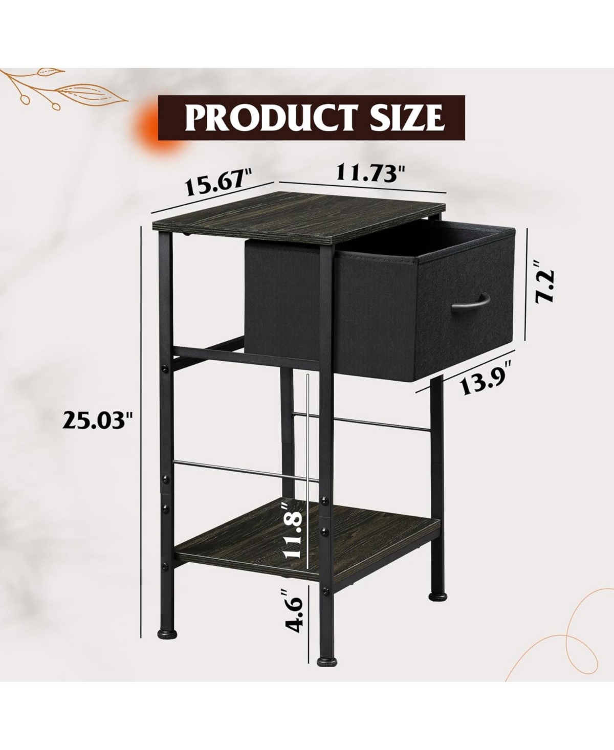Wlive Nightstand Set of 2 End Table with Fabric Storage Drawer and Open Wood Shelf Bedside Furniture with Steel Frame Side Table for Bedroom Dorm - Da