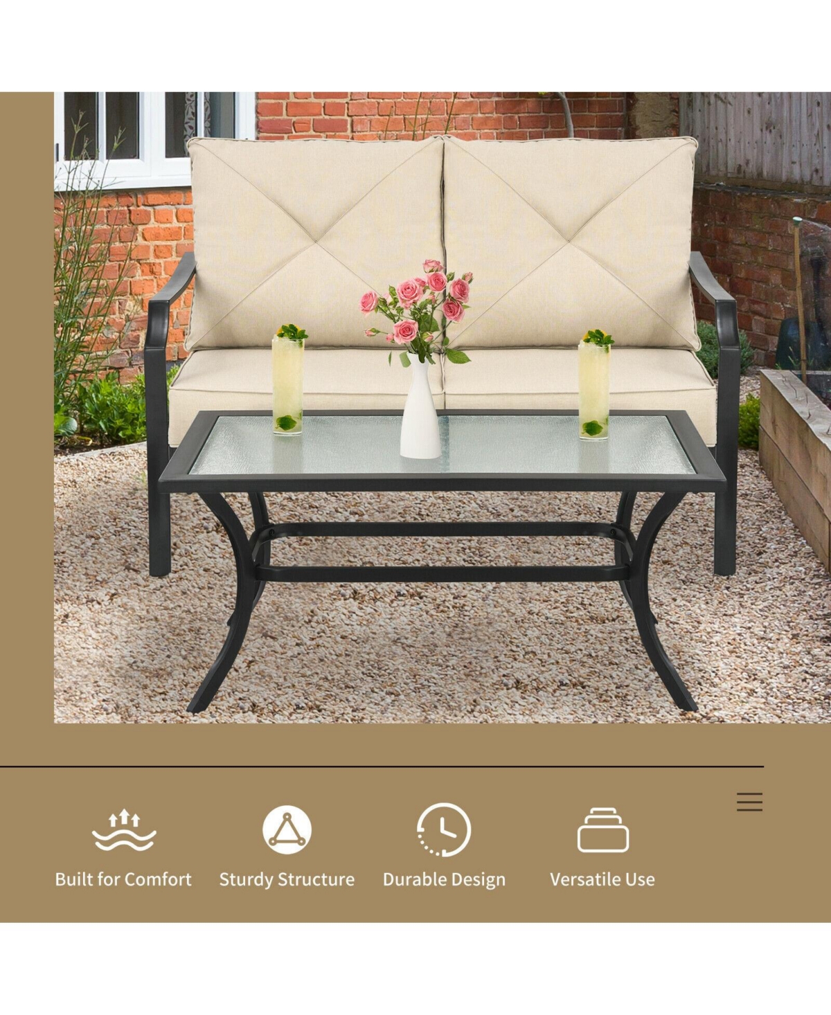 Gouun 2 Pieces Patio Outdoor Cushioned Sofa Bench with Table -khaki