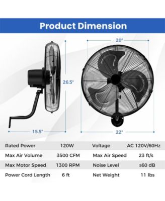 20 Inch Wall Mount Fan with 3 Fan Speeds and Adjustable Tilt Head