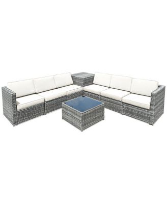 8 Piece Wicker Sofa Rattan Dinning Set Patio Furniture with Storage Table