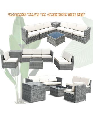 8 Piece Wicker Sofa Rattan Dinning Set Patio Furniture with Storage Table
