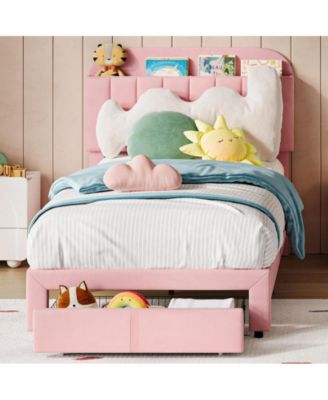 Twin Bed Frame with Drawer, Velvet Upholstered Platform Bed Frame with Storage Headboard, No Box Spring Needed, Easy Assembly, Noise-Free