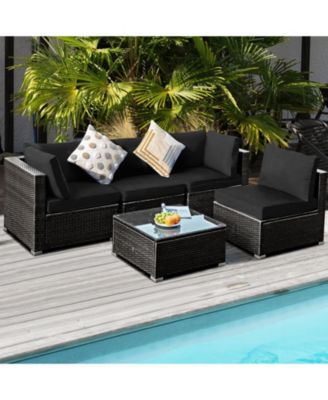 5 Pieces Cushioned Patio Rattan Furniture Set with Glass Table