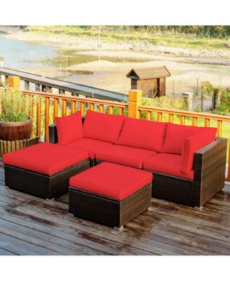 5 Pieces Patio Rattan Sofa Set with Cushion and Ottomans