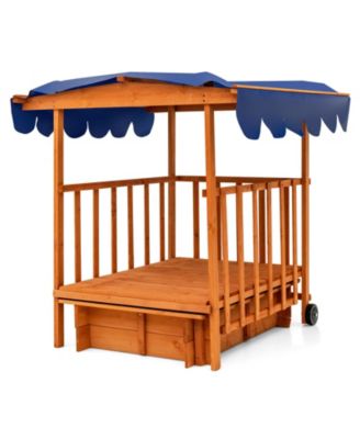 Kids Outdoor Wooden Retractable Sandbox with Cover and Built-in Wheels