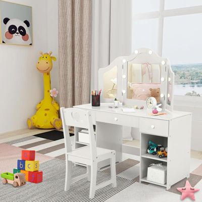 1 PC  MDF material Kids Princess Makeup Desk & Chair Set Withtouch Light Vanity Table,