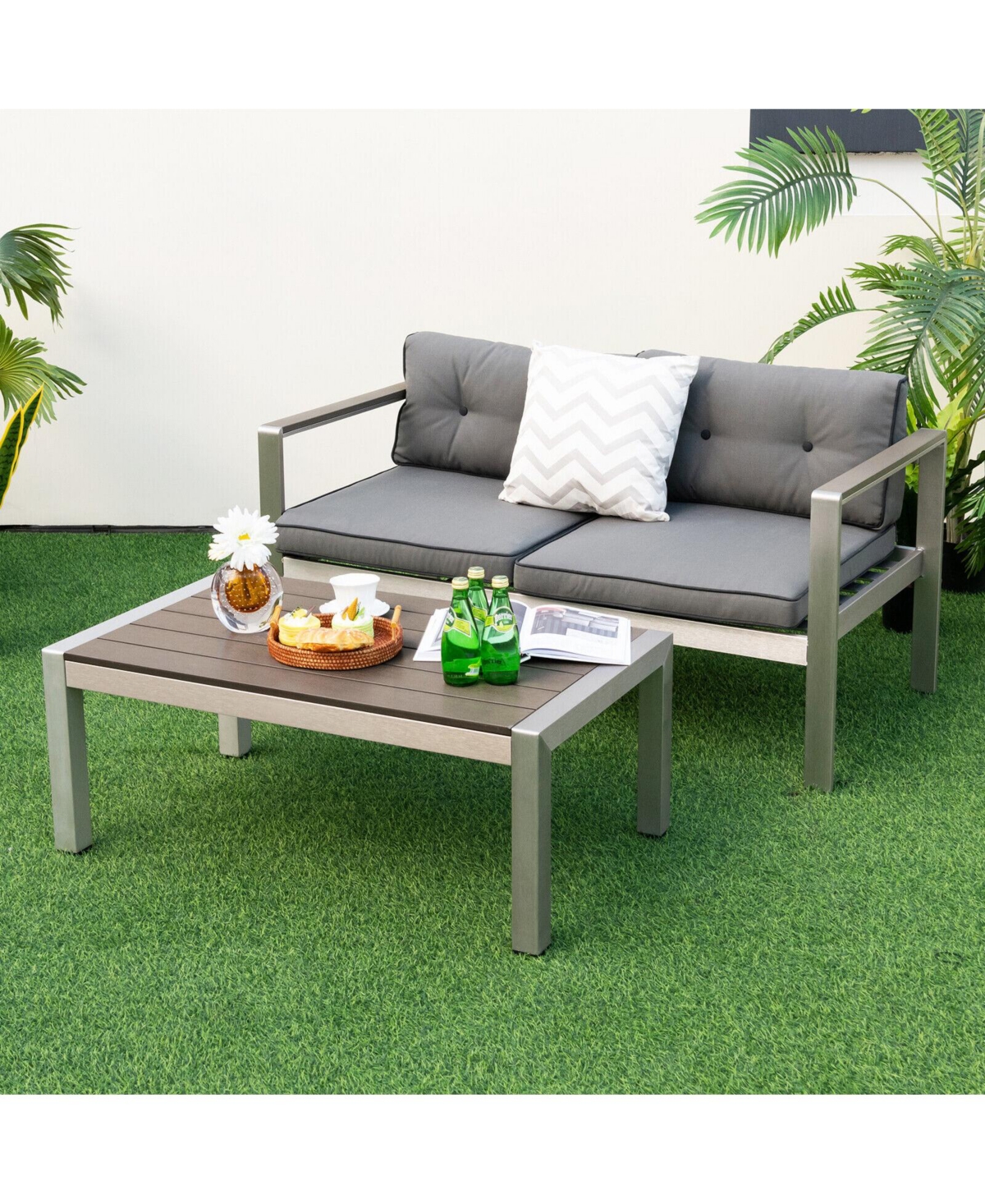 Gouun Modern Rectangular Patio Table with Plastic Wood Tabletop and Rustproof Aluminum Frame