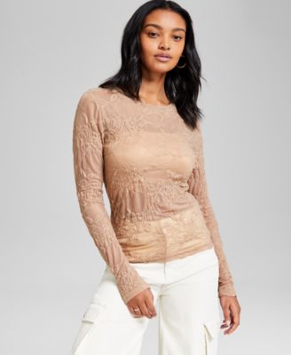 And Now This - Women's Floral Crewneck Long-Sleeve Mesh Top