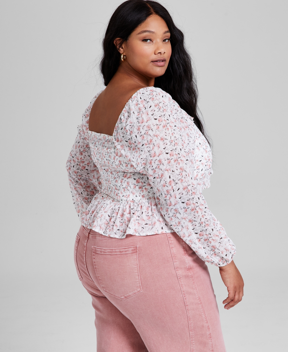 And Now This Trendy Plus Size Printed Ruffled Blouson-sleeve Top, Exclusively At Macy's In Pink Print