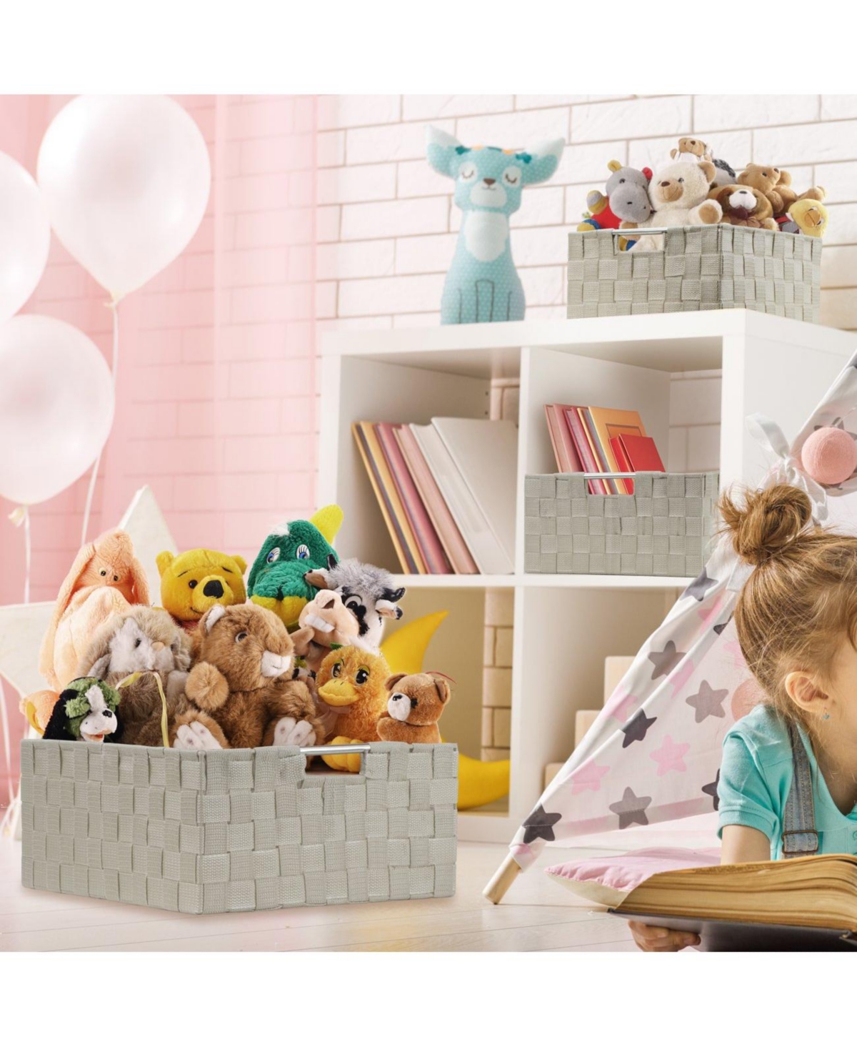 Sorbus 9 Piece Stackable Woven Basket Organizer Set with Built-In Carry Handles - Stylish Storage for any room in the household (Gray)