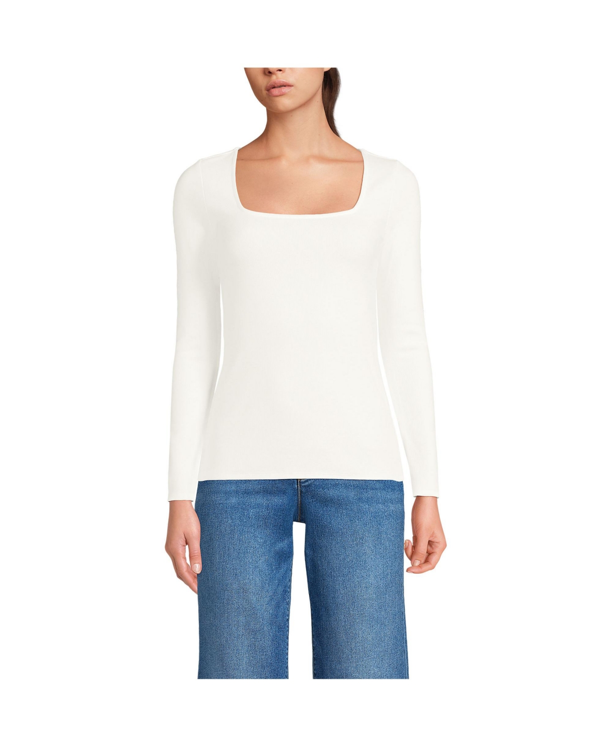 Women's Long Sleeve Rib Square Neck Tee - Eggshell white