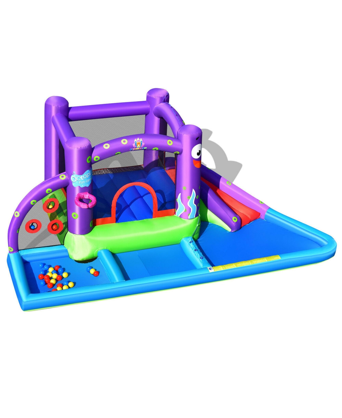 Gymax Inflatable Water Slide Castle Kids Bounce House w/ Octopus Style & 750W Blower - Purple+blue+green+red