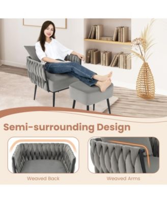 Modern Dutch Velvet Accent Chair and Ottoman Set with Weaved Back and Arms