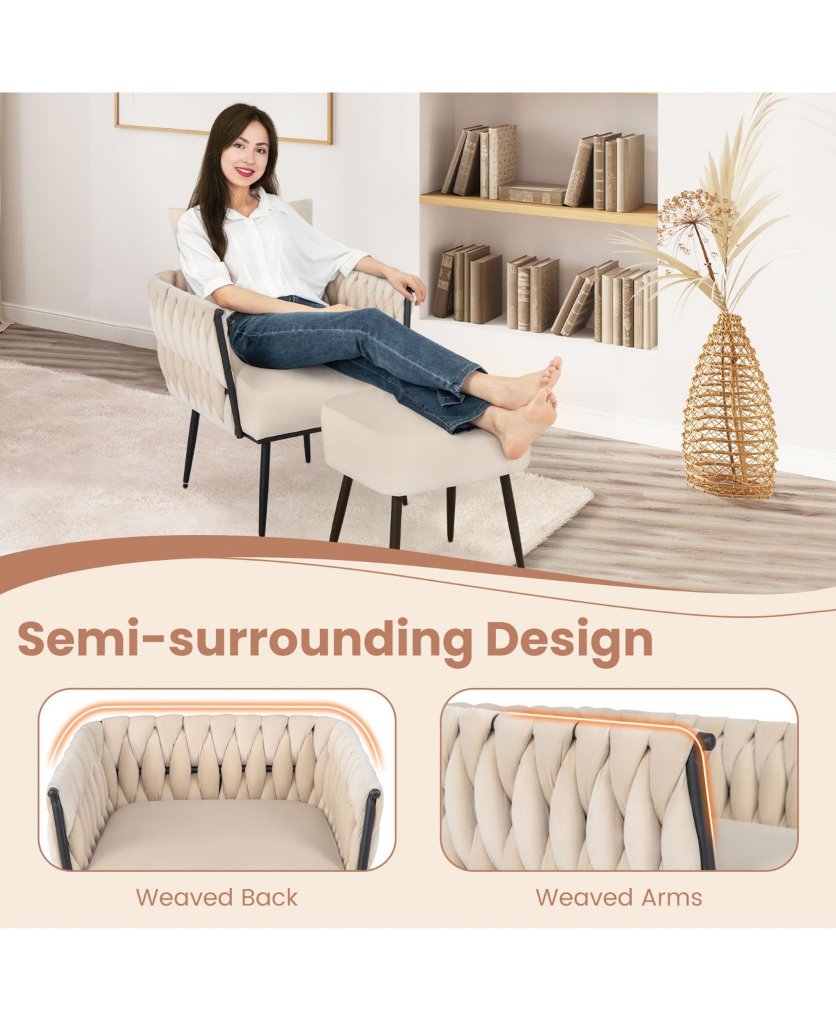Gouun Modern Dutch Velvet Accent Chair and Ottoman Set with Weaved Back and Arms