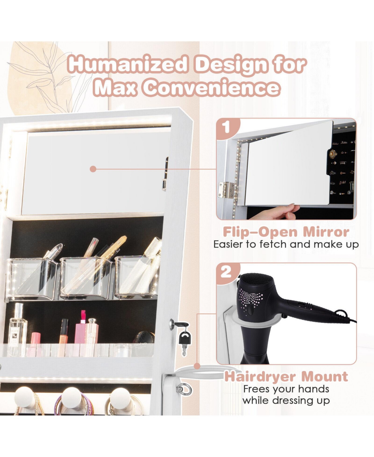 Gouun Freestanding Jewelry Cabinet with Full Length Hd Mirror