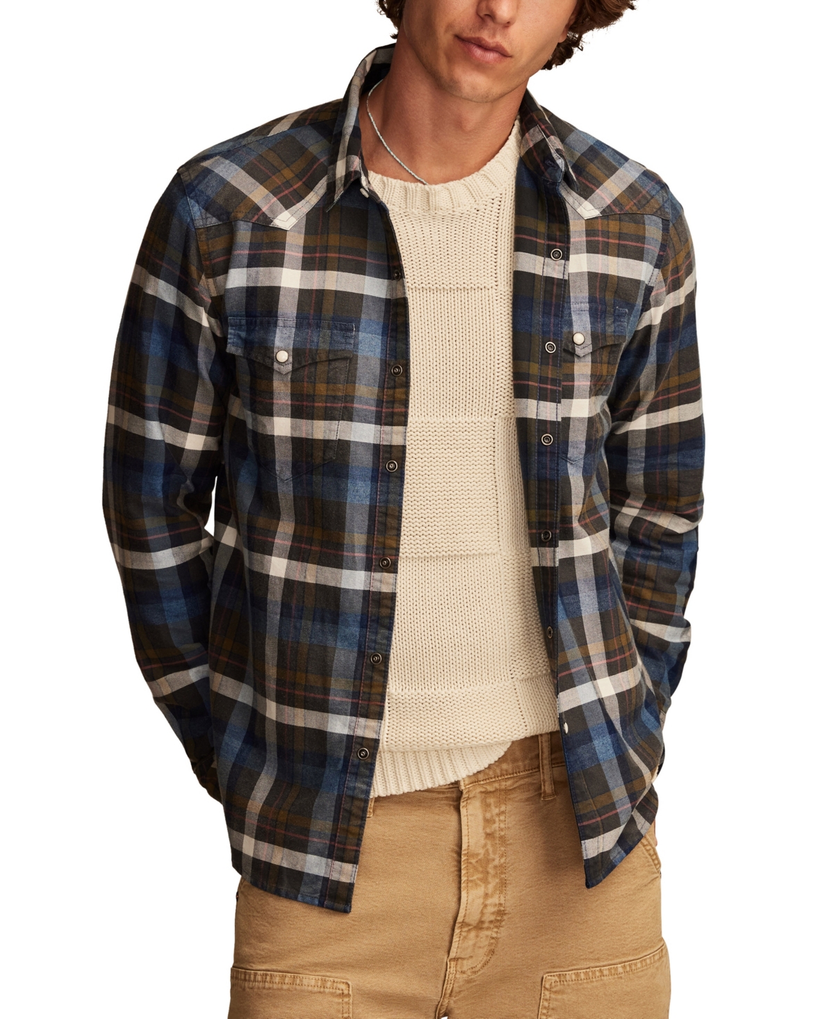 Lucky Brand Men's Indigo Plaid Western Long Sleeve Shirt