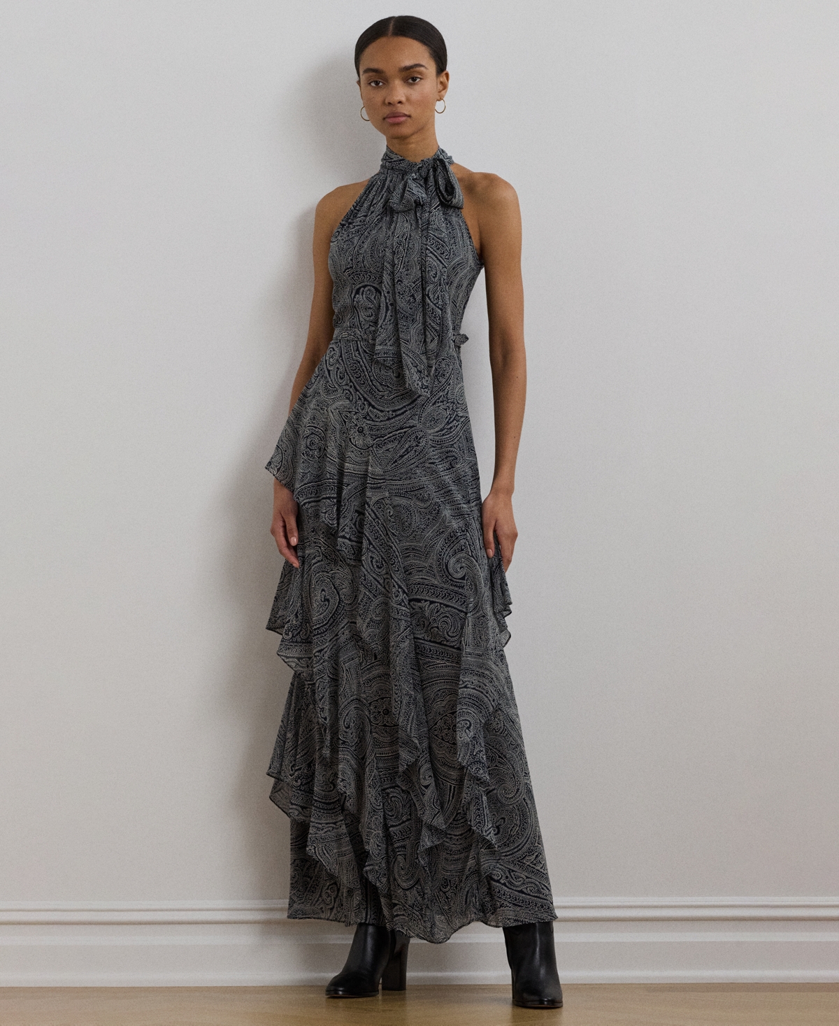 RALPH LAUREN WOMEN'S PAISLEY BELTED GEORGETTE TIERED GOWN 