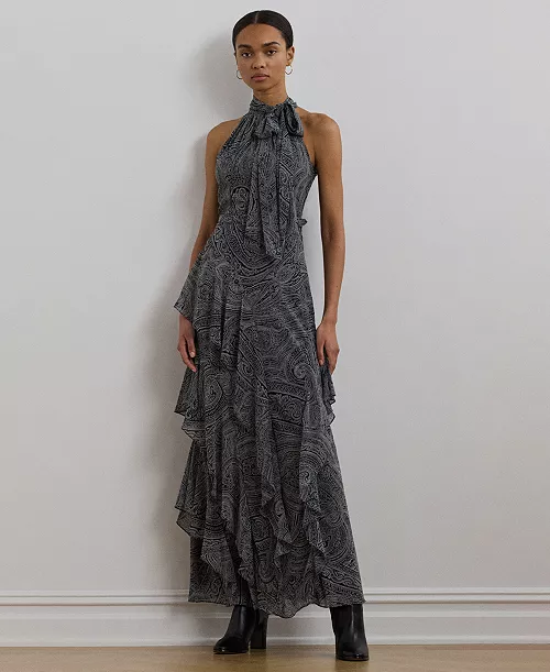 women's paisley belted georgette tiered gown