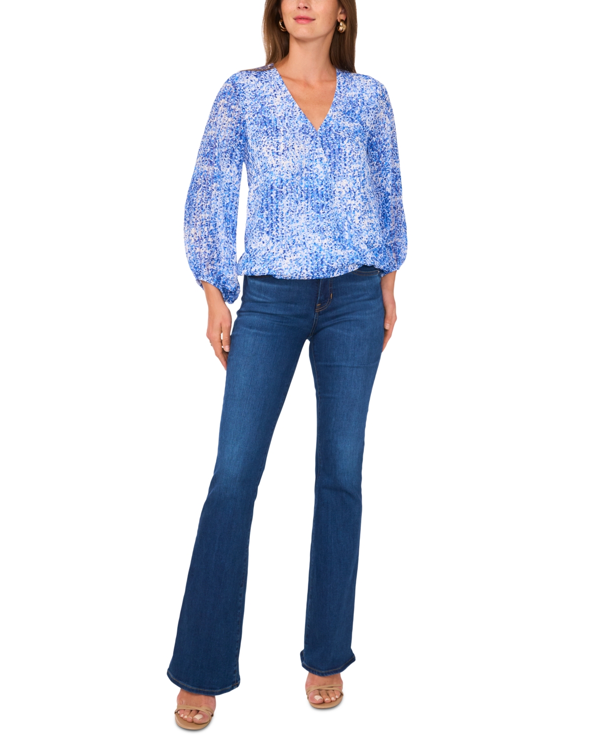 VINCE CAMUTO WOMEN'S PRINTED V-NECK BALLOON-SLEEVE FAUX-WRAP TOP 